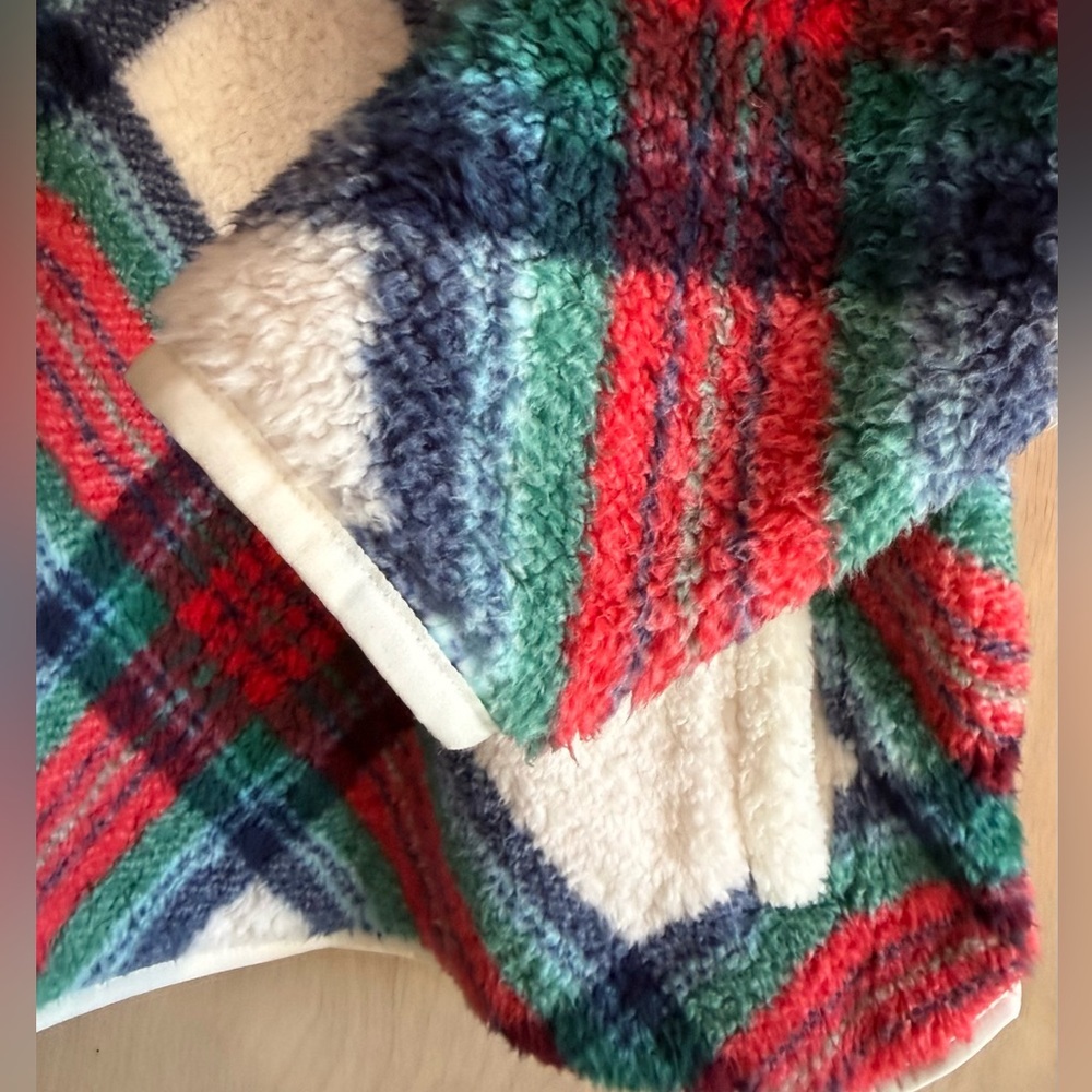 Talbots Ultra Plush Sherpa Fleece Top Zip Blue Green Plaid Women’s Med Petite - Picture 6 of 11